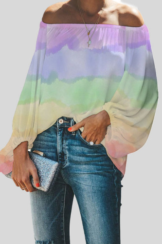 Colour Casual Gradual Change Print Patchwork Off the Shoulder Tops