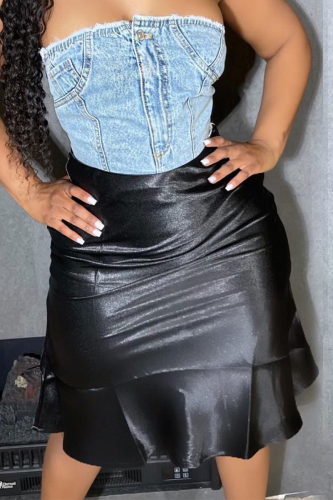 Black Sexy Solid Flounce Skinny High Waist Type A Solid Color Bottoms