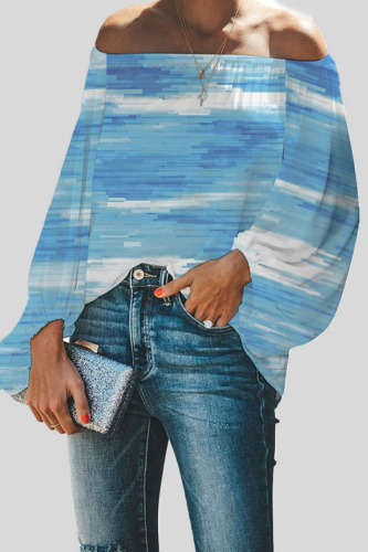 Sky Blue Casual Gradual Change Print Patchwork Off the Shoulder Tops