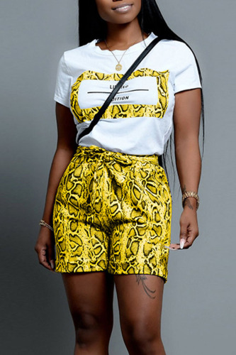 Yellow Casual Street Print Patchwork O Neck Short Sleeve Two Pieces