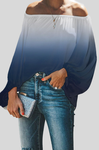 Deep Blue Casual Gradual Change Print Patchwork Off the Shoulder Tops