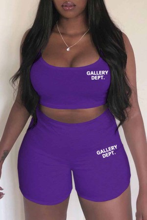 Purple Casual Print Letter Spaghetti Strap Sleeveless Two Pieces