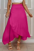 Rose Red Casual Solid Bandage Patchwork Asymmetrical High Waist Straight Solid Color Bottoms