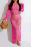 Rose Red Sexy Solid Tassel Hollowed Out Patchwork Slit Swimwears Cover Up