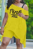 Yellow Fashion Casual Letter Print Patchwork Asymmetrical Oblique Collar Plus Size Two Pieces