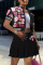 Black Casual Street Print Patchwork Buckle Fold Short Sleeve Two Pieces