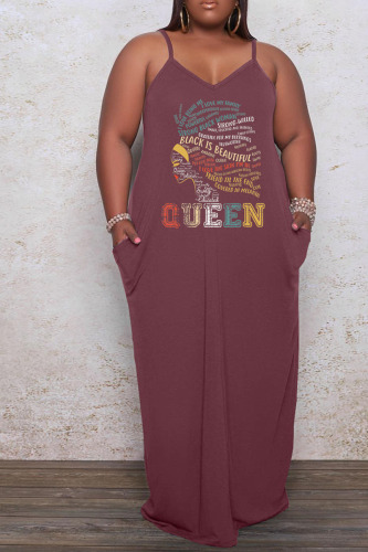 Brown Casual Print Patchwork Spaghetti Strap Sling Dress Plus Size Dresses