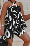 Black Casual Daily Mixed Printing Color Block Hollowed Out Printing Contrast Halter Sleeveless Two Pieces