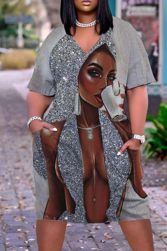 Silver Gray Casual Street Print Patchwork V Neck Straight Dresses