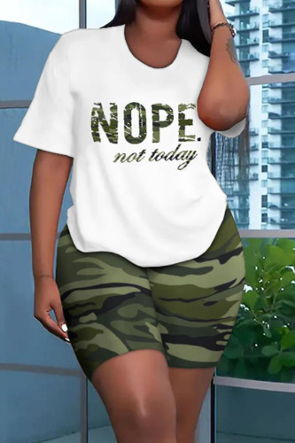 Camouflage Casual Print Patchwork O Neck Short Sleeve Two Pieces
