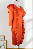 Orange Elegant Solid Patchwork Stringy Selvedge V Neck One Step Skirt Plus Size Dresses