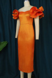 Orange Elegant Solid Patchwork Slit Off the Shoulder One Step Skirt Plus Size Dresses