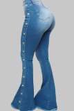 Light Blue Fashion Street Solid Rivets Patchwork Water Wash High-waisted Boot Cut Denim Jeans