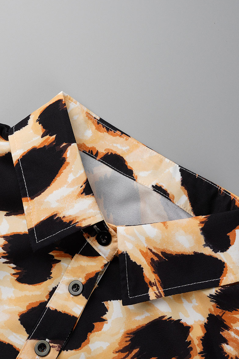 Casual Geometric Print Pocket Patchwork Contrast Turndown Collar Blouses