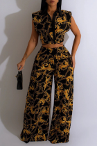 Yellow Casual Print Patchwork Turndown Collar Sleeveless Two Pieces