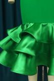 Green Elegant Solid Hollowed Out Patchwork Flounce V Neck Cake Skirt Plus Size Dresses