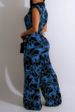 Blue Casual Print Patchwork Turndown Collar Sleeveless Two Pieces