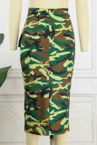 Multicolor Casual Camouflage Print Slit Regular High Waist Conventional Full Print Skirts