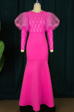 Rose Red Elegant Solid Patchwork See-through O Neck Evening Dress Plus Size Dresses
