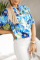 White Casual Street Print Patchwork Buckle Mandarin Collar Tops