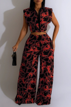 Red Casual Print Patchwork Turndown Collar Sleeveless Two Pieces