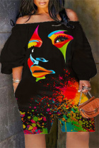 Black Casual Basis Mixed Printing Printing Off the Shoulder Loose Jumpsuits