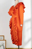 Orange Elegant Solid Patchwork Stringy Selvedge V Neck One Step Skirt Plus Size Dresses