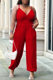Red Sexy Solid Patchwork Spaghetti Strap Plus Size Jumpsuits