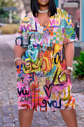 Multi-color Casual Street Print Patchwork V Neck Straight Dresses