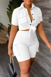 Grey Casual Solid Bandage Patchwork Pocket Buckle Turndown Collar Short Sleeve Two Pieces