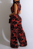 Red Casual Print Patchwork Turndown Collar Sleeveless Two Pieces