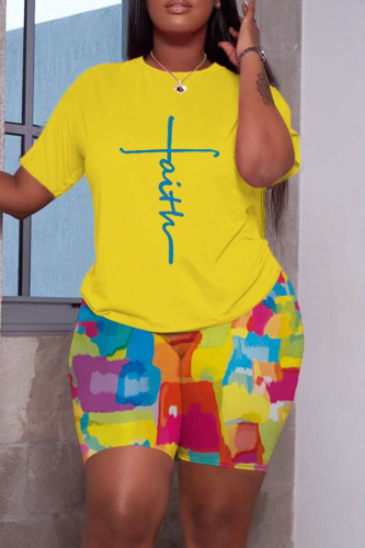 Yellow Casual Print Patchwork O Neck Short Sleeve Two Pieces