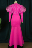 Rose Red Elegant Solid Patchwork See-through O Neck Evening Dress Plus Size Dresses