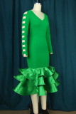 Green Elegant Solid Hollowed Out Patchwork Flounce V Neck Cake Skirt Plus Size Dresses