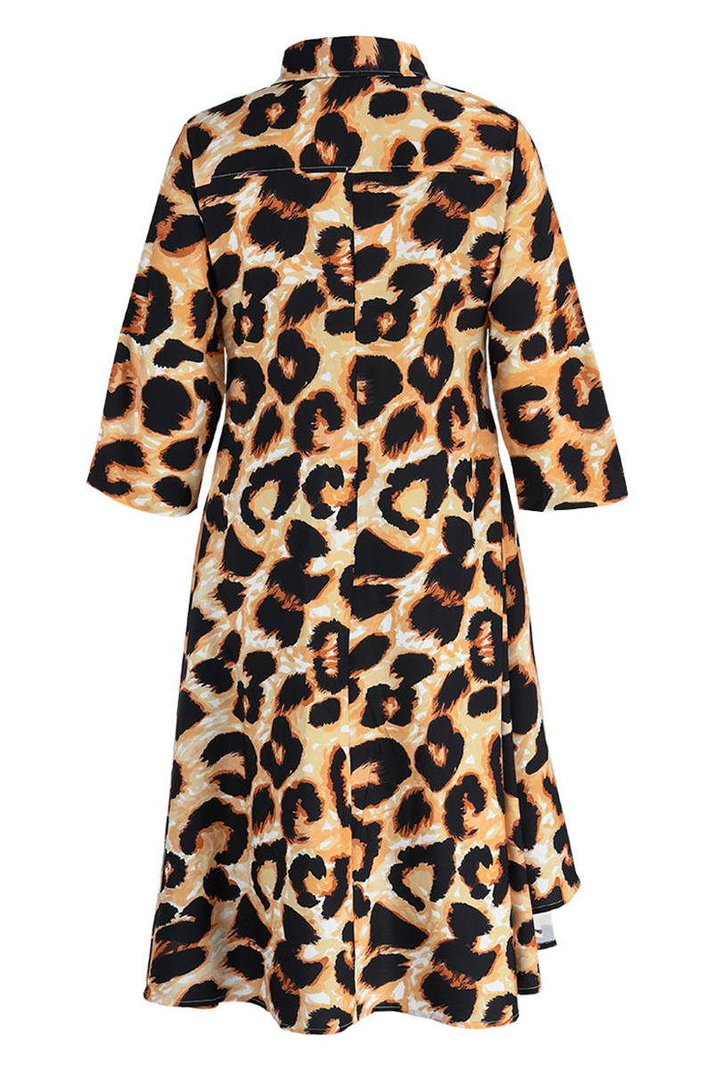 Casual Print Leopard Buttons Fold Turndown Collar A Line Dresses main image 1
