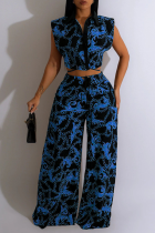 Blue Casual Print Patchwork Turndown Collar Sleeveless Two Pieces