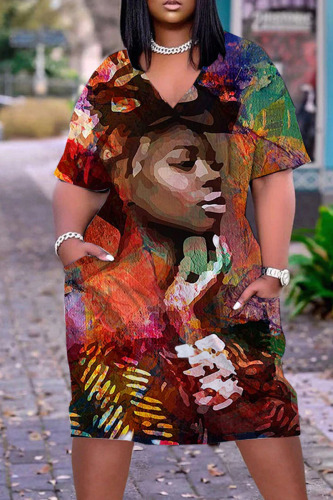 Colour Casual Street Print Patchwork V Neck Straight Dresses