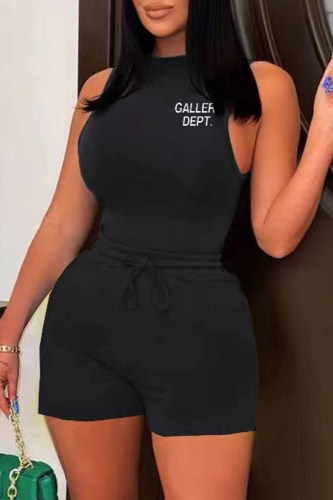 Black Street Print Letter O Neck Sleeveless Two Pieces