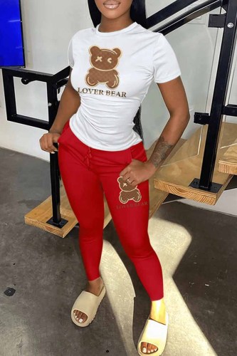 Red Casual Print Letter O Neck Short Sleeve Two Pieces
