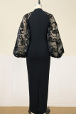 Black Elegant Solid Patchwork O Neck Straight Plus Size Dresses