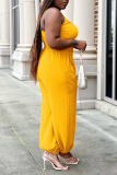 Yellow Sexy Solid Patchwork Spaghetti Strap Plus Size Jumpsuits