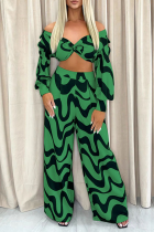 Green Casual Print Patchwork Off the Shoulder Long Sleeve Two Pieces