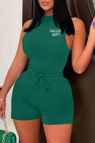 Green Street Print Letter O Neck Sleeveless Two Pieces