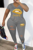 Grey Fashion Casual Letter Lips Printed Ripped V Neck Plus Size Two Pieces
