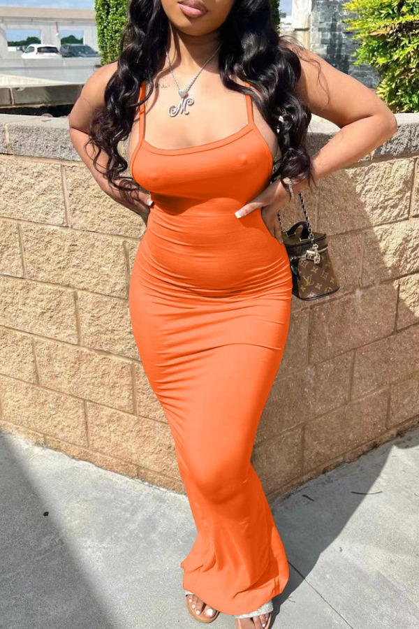 Orange Sexy Solid Patchwork Slit Spaghetti Strap Pencil Skirt Dresses