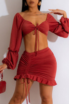 Red Sexy Solid Patchwork Draw String Frenulum Stringy Selvedge V Neck Long Sleeve Two Pieces