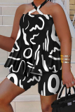 Yellow Casual Daily Mixed Printing Color Block Hollowed Out Printing Contrast Halter Sleeveless Two Pieces