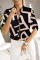 White Casual Street Print Patchwork Buckle Mandarin Collar Tops