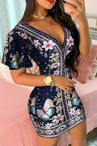 Tibetan Blue Casual Print Basic V Neck Short Sleeve Dress