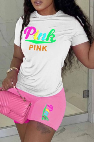 White Pink Casual Print Letter O Neck Short Sleeve Two Pieces